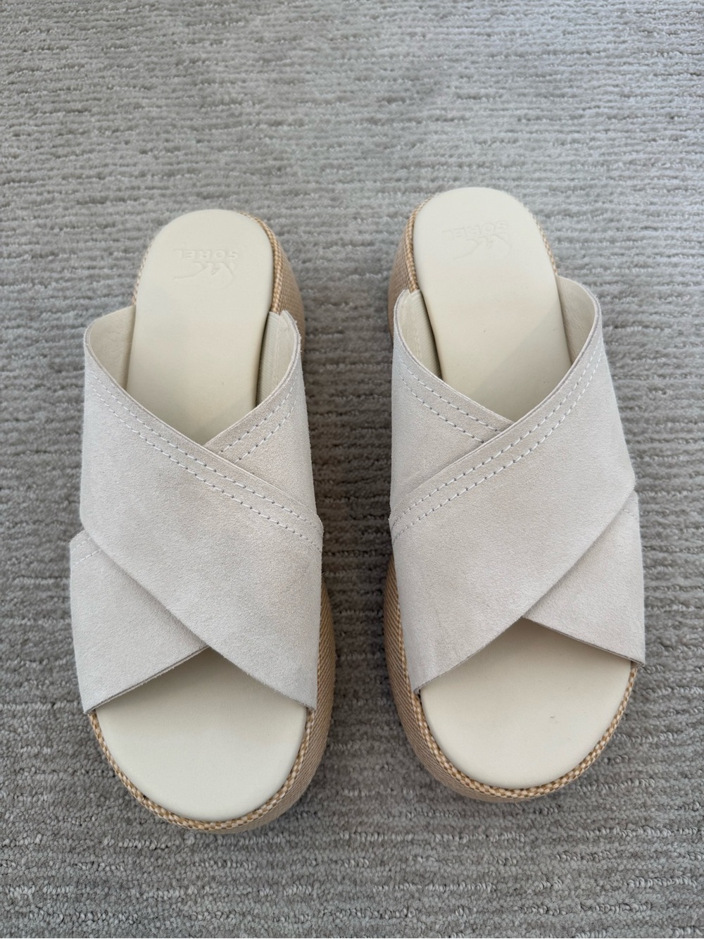 Womens Sorel Suede Crisscross Slide Sandals in Light Beige